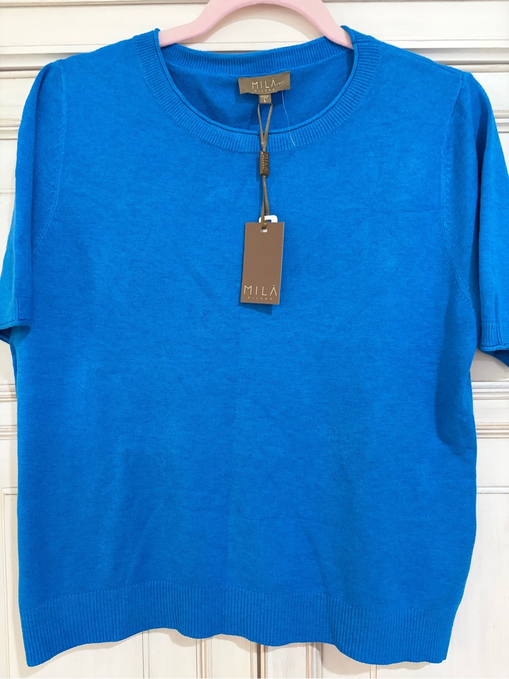 NWT SZ L SMALL FLAW Milano Bright Blue Short-Sleeve women’s Crewneck Sweater